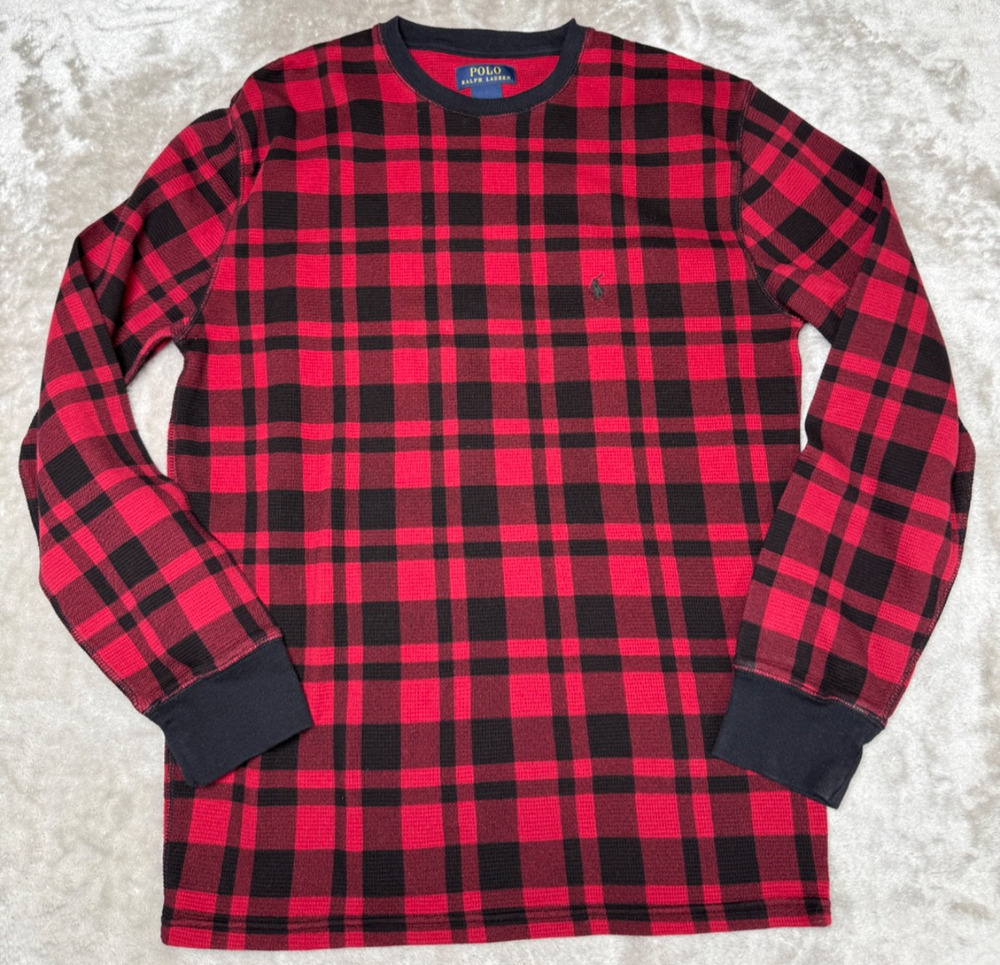 Polo Ralph Lauren Red Black Waffle Knit Plaid Long Sleeve Shirt Mens Size L
